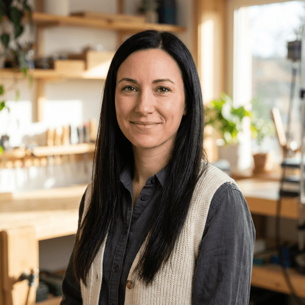 Sarah Mitchell smiling warmly in a cozy home