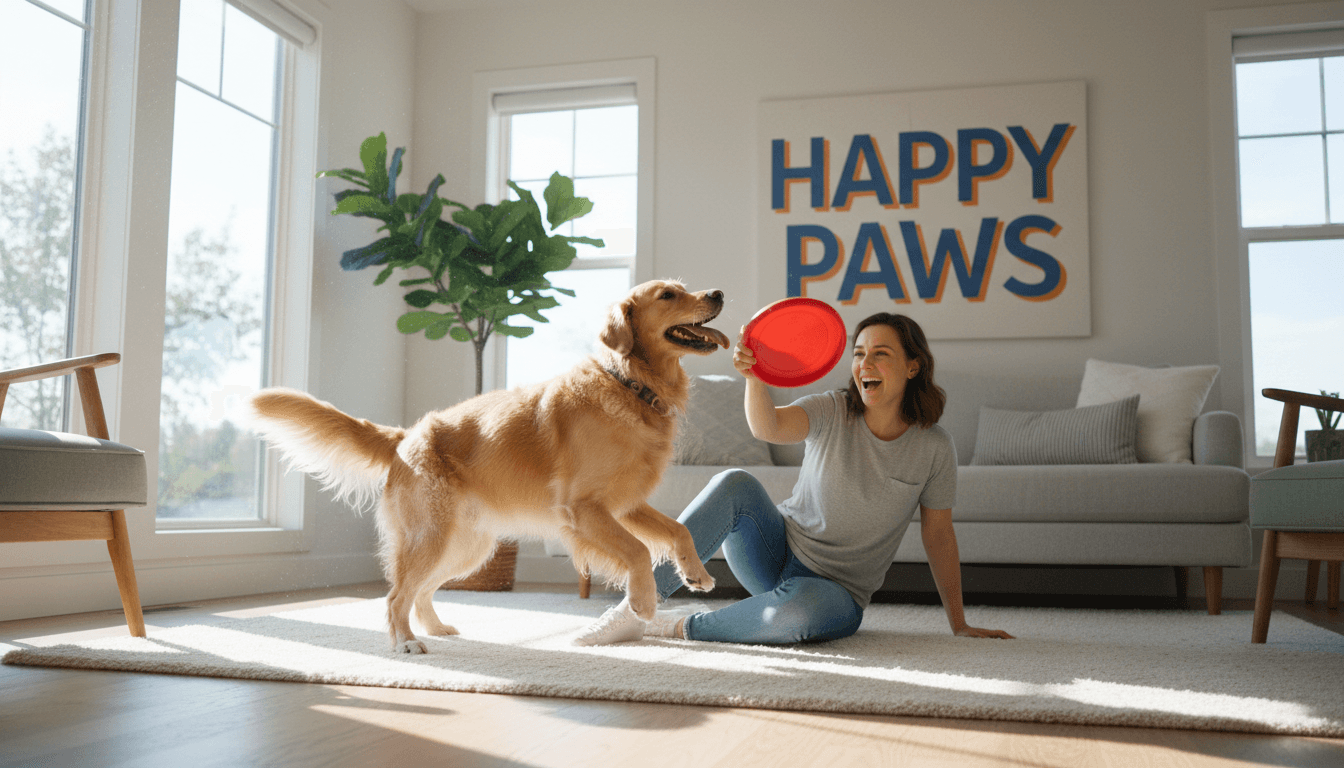 Pet sitter playing with a happy dog at home