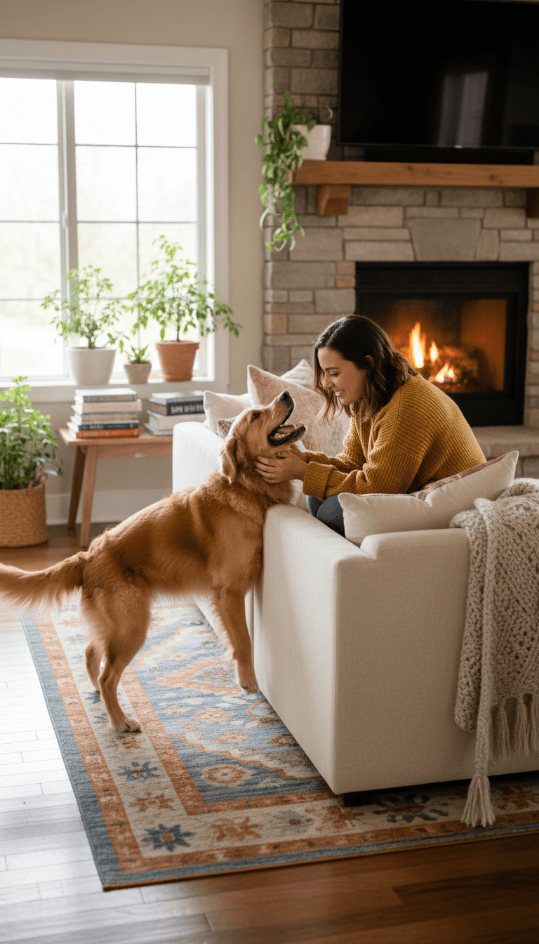 Pet sitter giving a dog gentle attention in a bright home