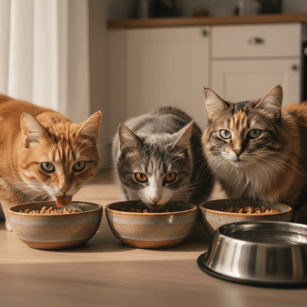 Pet sitter filling a cat's food bowl in a cozy kitchen