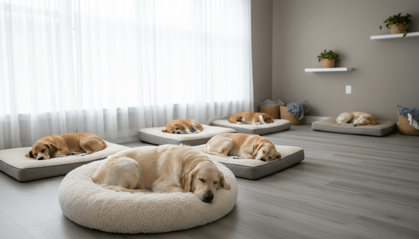 Two dogs resting quietly together on a dog bed
