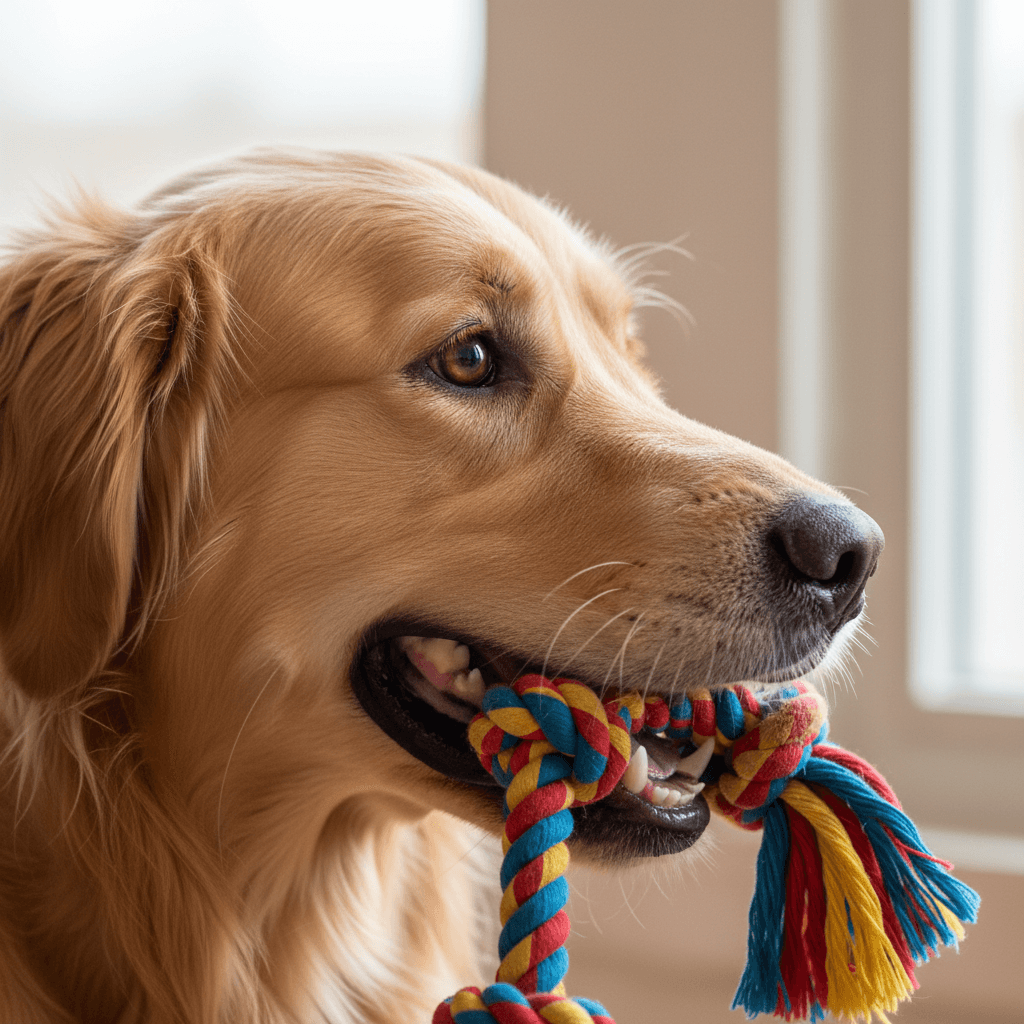 Dog playing with a rope toy in a bright living room