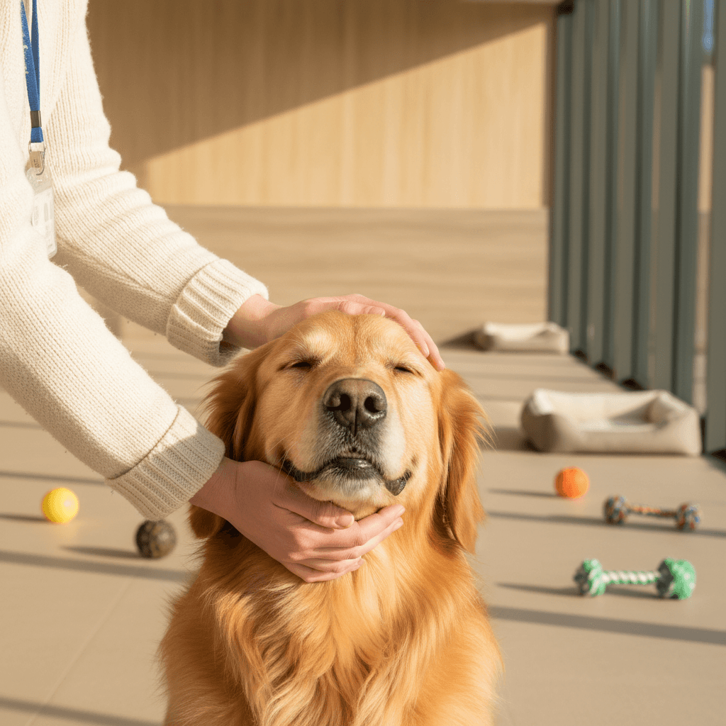 Person petting a happy dog at home in Toronto
