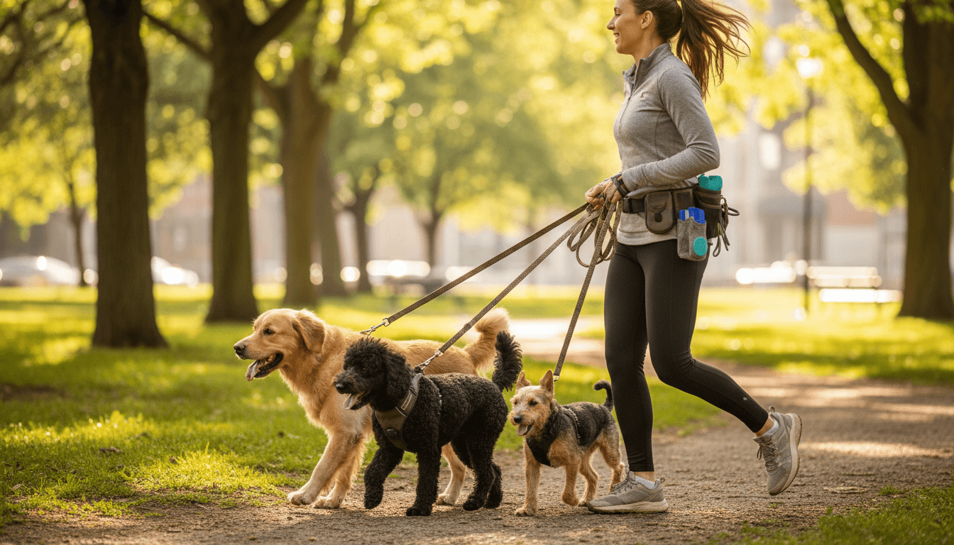 Woman walking a small dog on a leash in the park